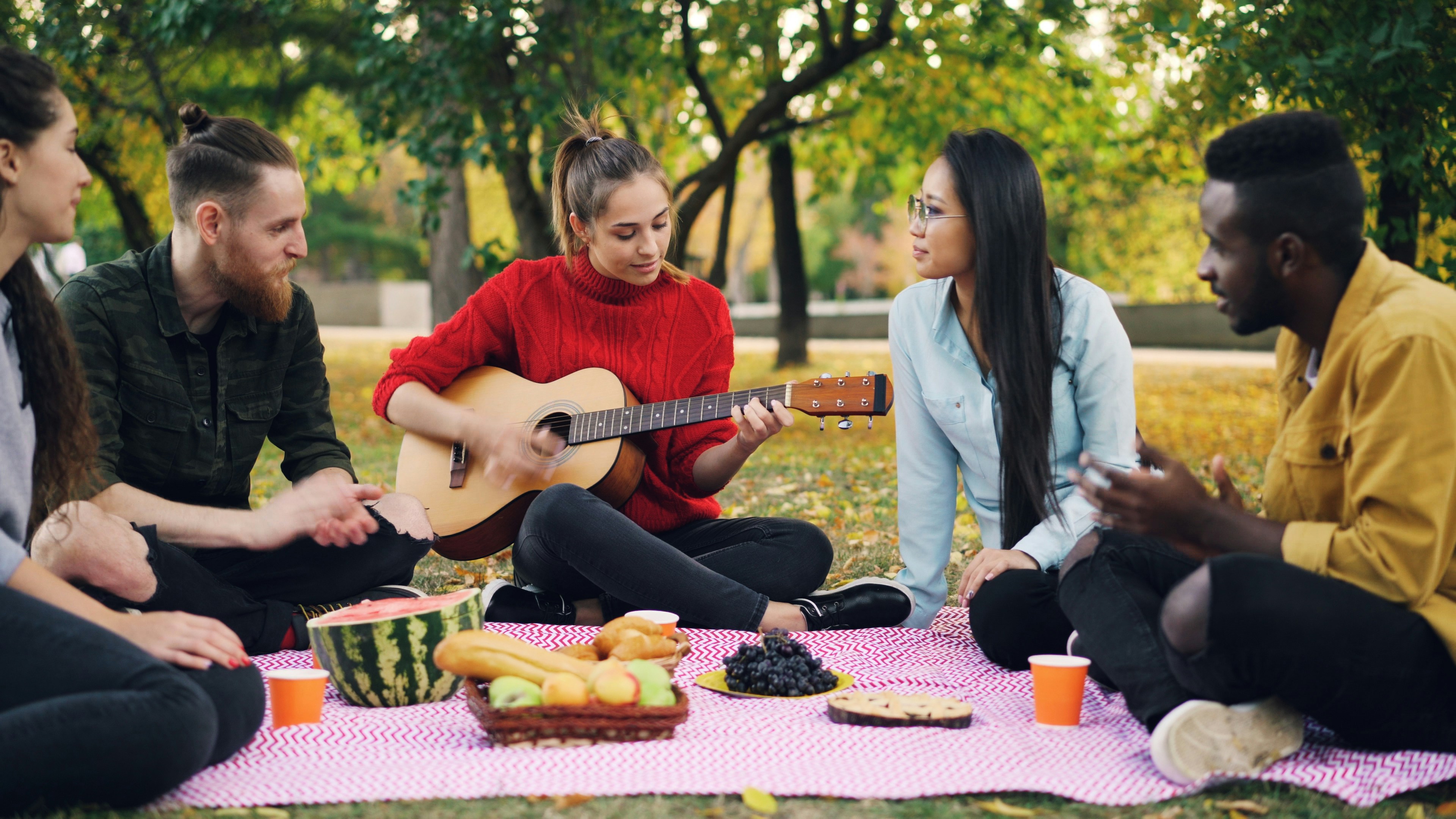 Friends enjoying a picnic and music in the park.