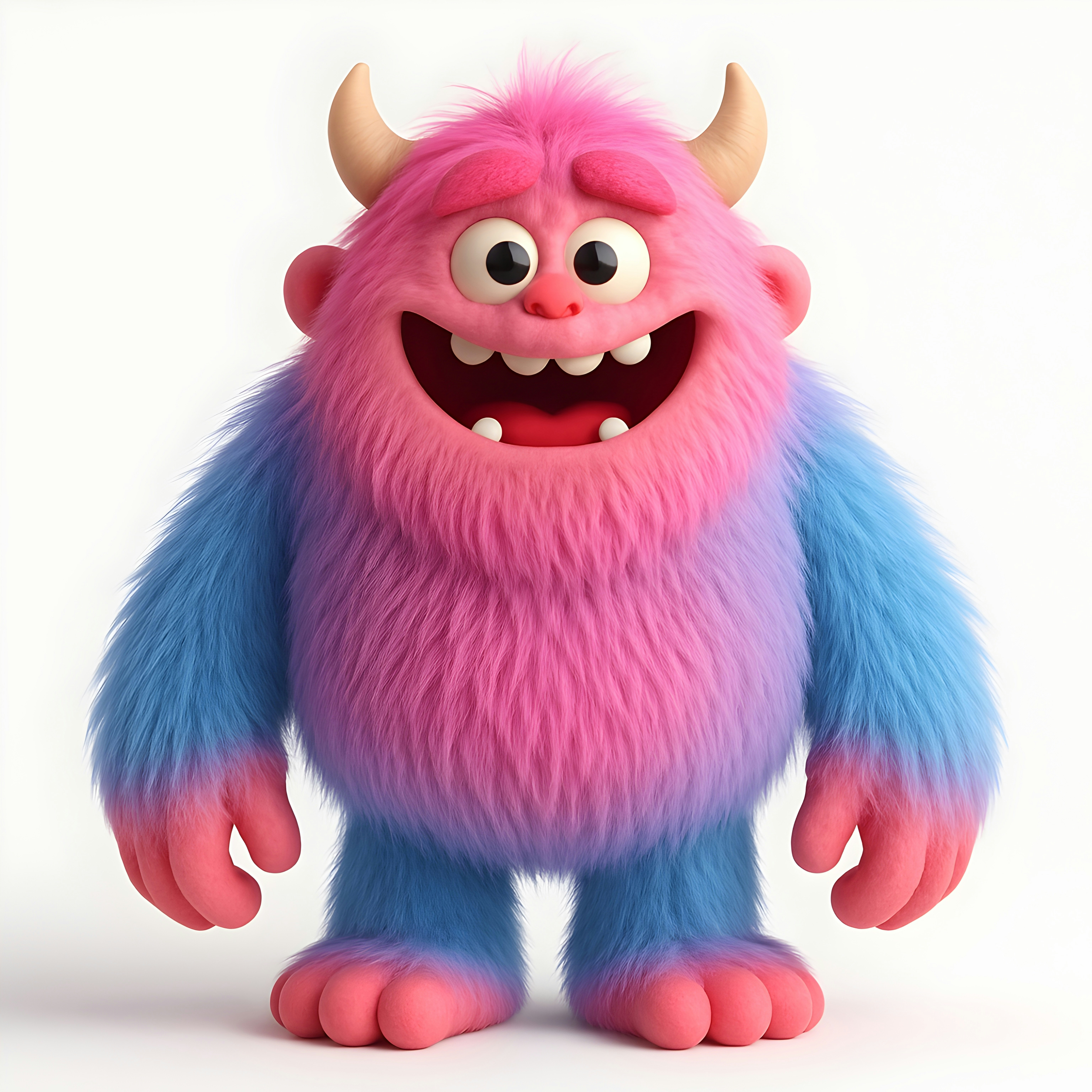 Fluffy pink and blue monster with horns