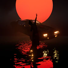 Silhouette of person with car against large sun.