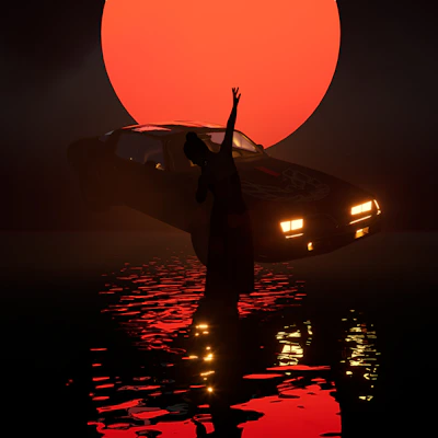 Silhouette of person with car against large sun.