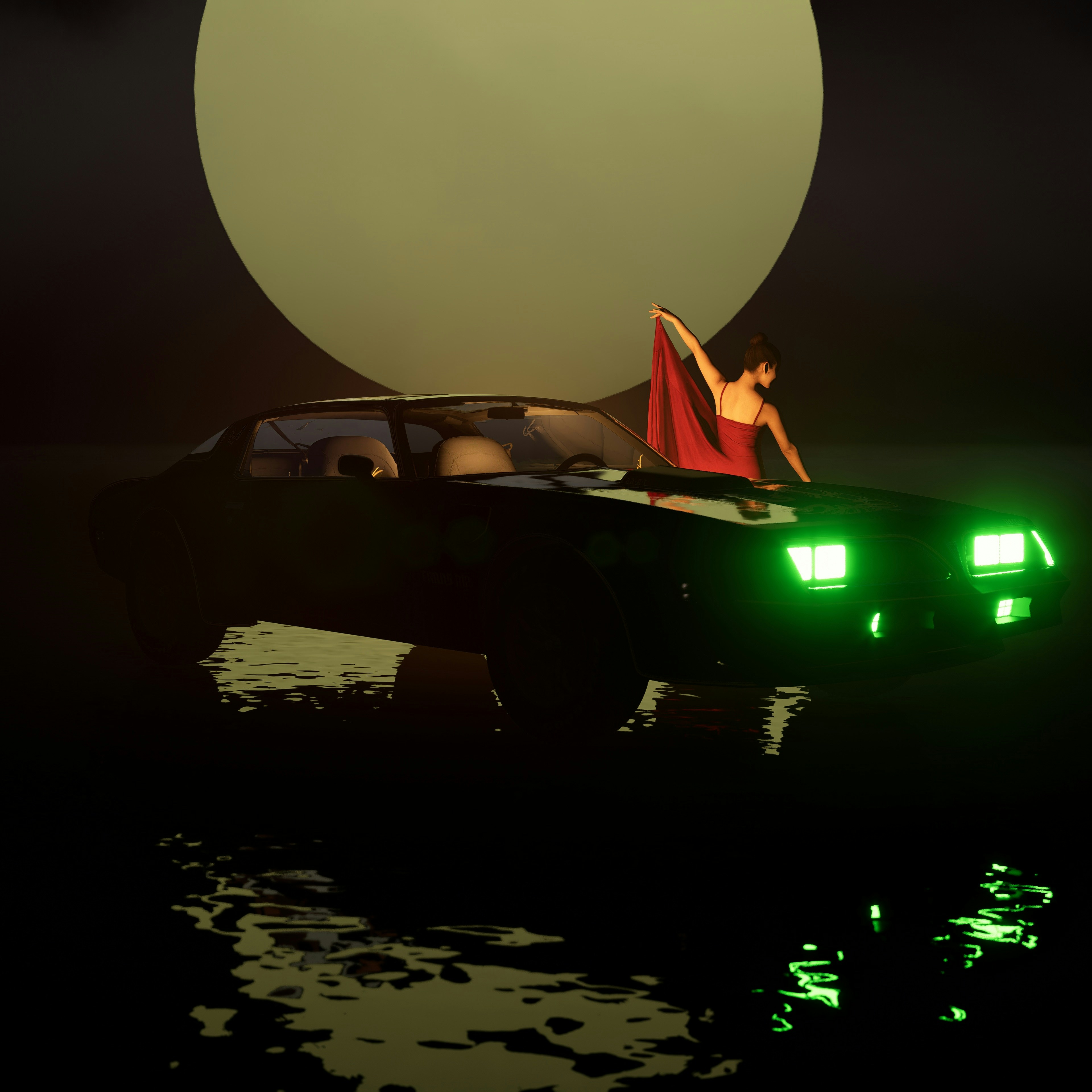 Woman in red dress on car with green headlights.