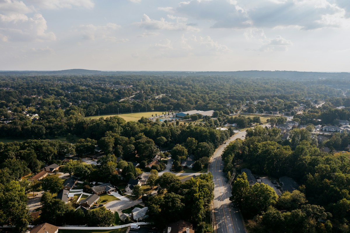 Aerial view of a tree-lined suburban neighborhood on a sunny day