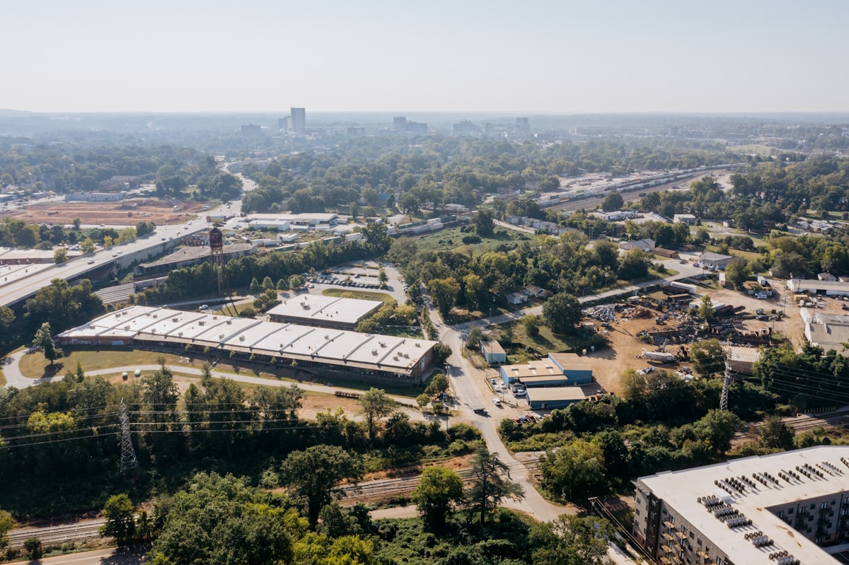 Aerial view of an industrial zone with large-scale logistics warehouses