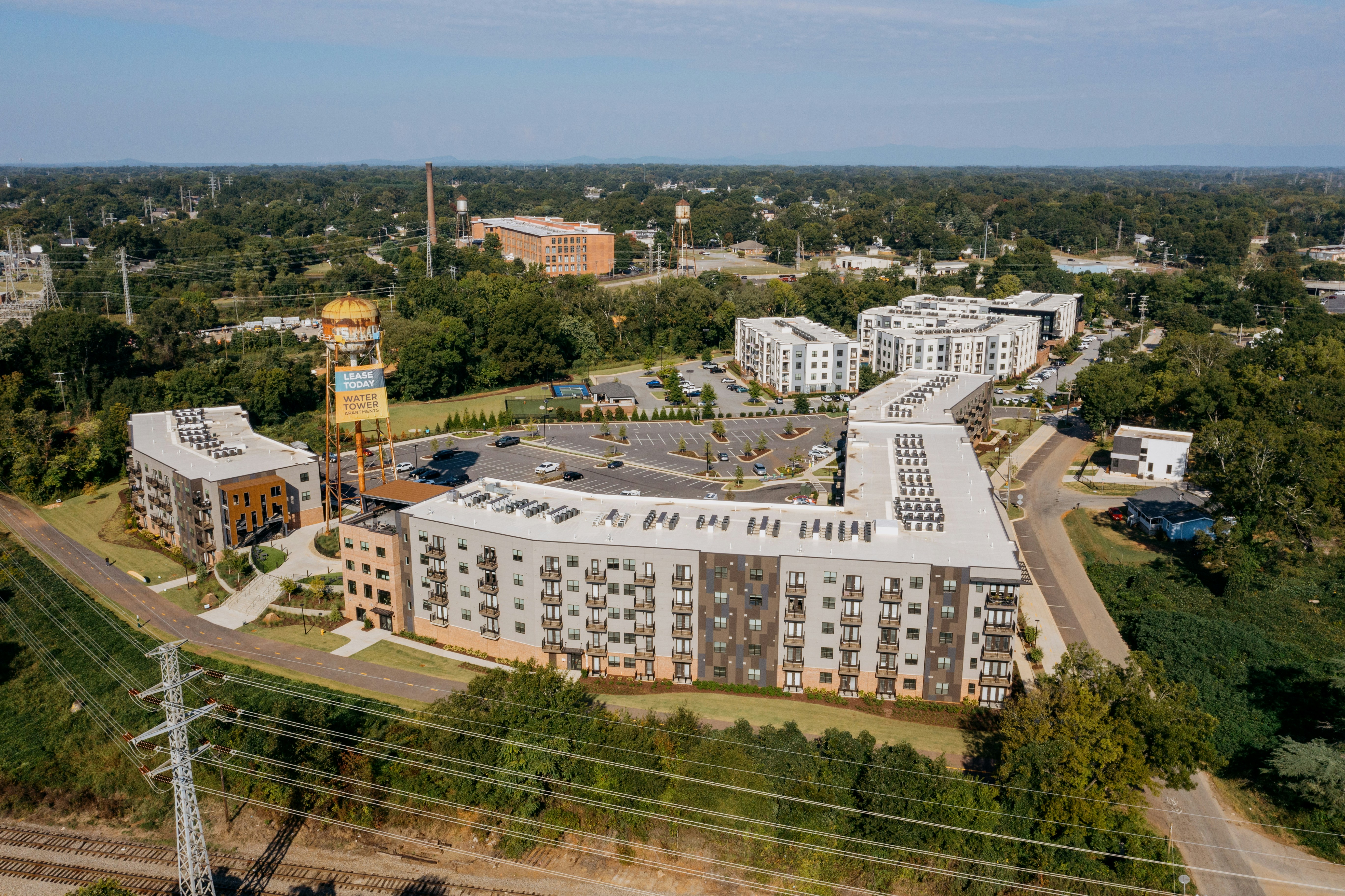 Modern apartment buildings with water tower
