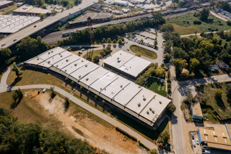 Aerial view of a modern office building complex