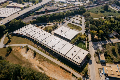 Aerial view of a modern office building complex