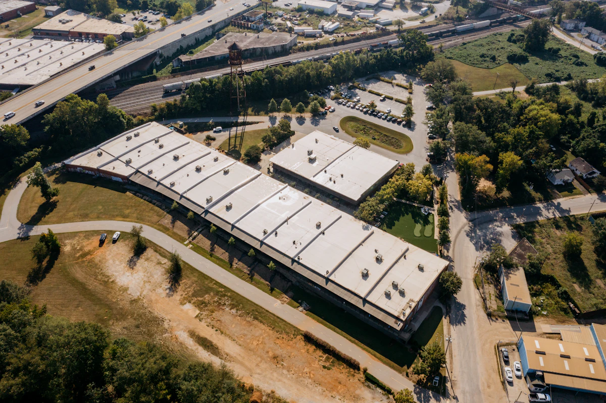Commercial roofing system on a Dallas TX office building viewed from above