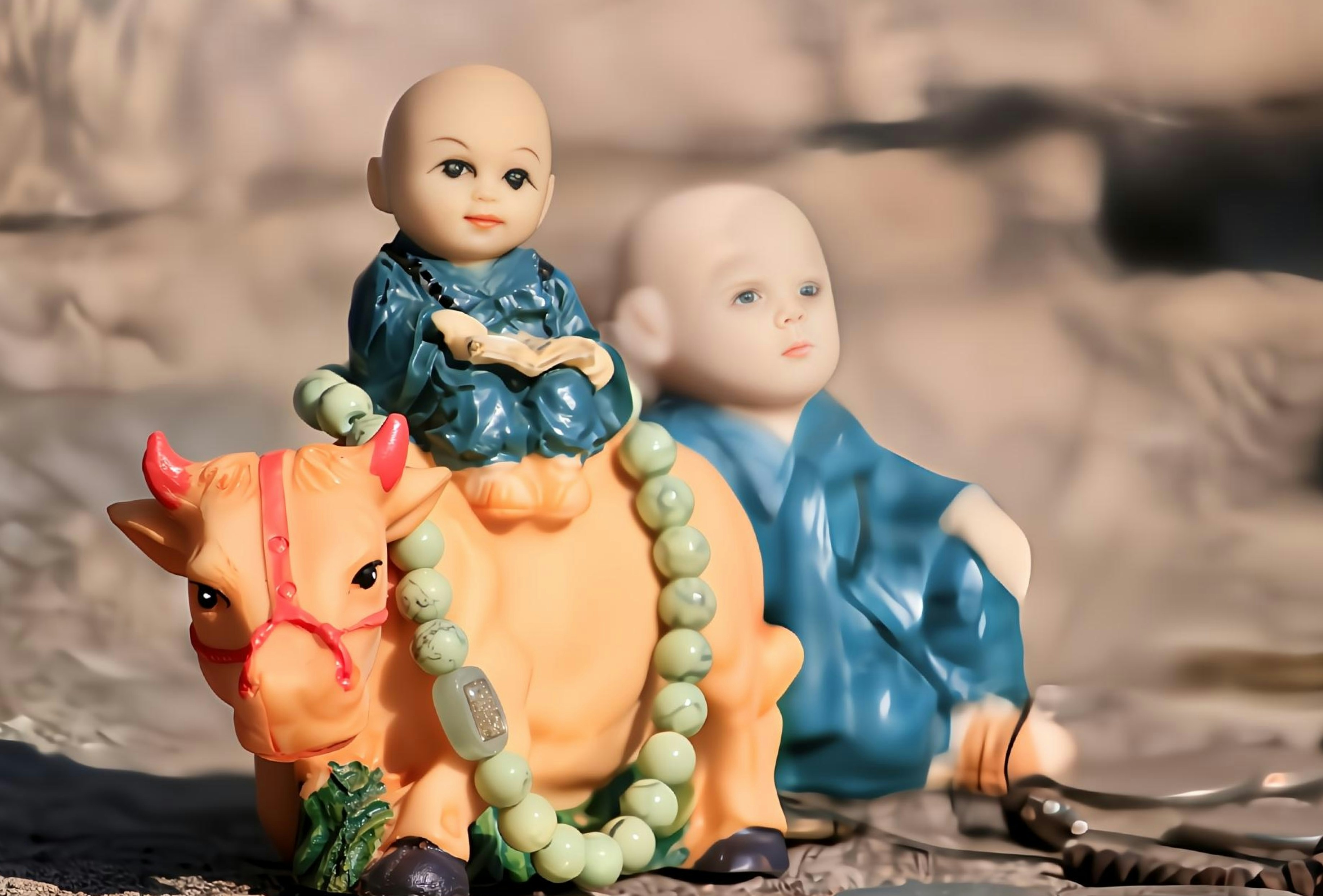 Two monk figurines riding a bull statue