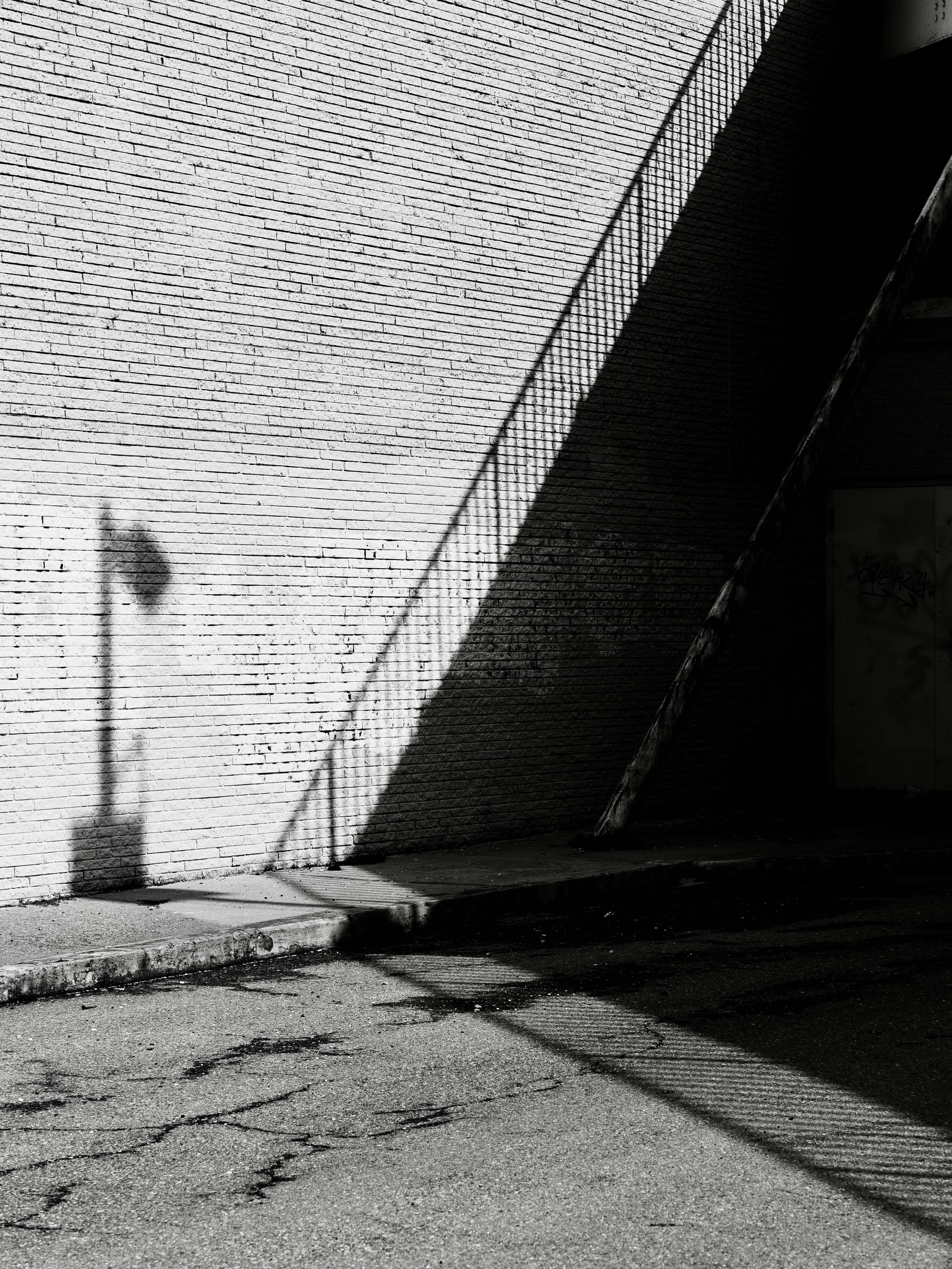 Shadows cast on a brick wall and pavement.
