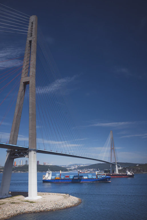 Cargo ships pass under a large cable-stayed bridge.