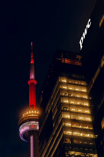 Cn tower and illuminated skyscrapers at night.