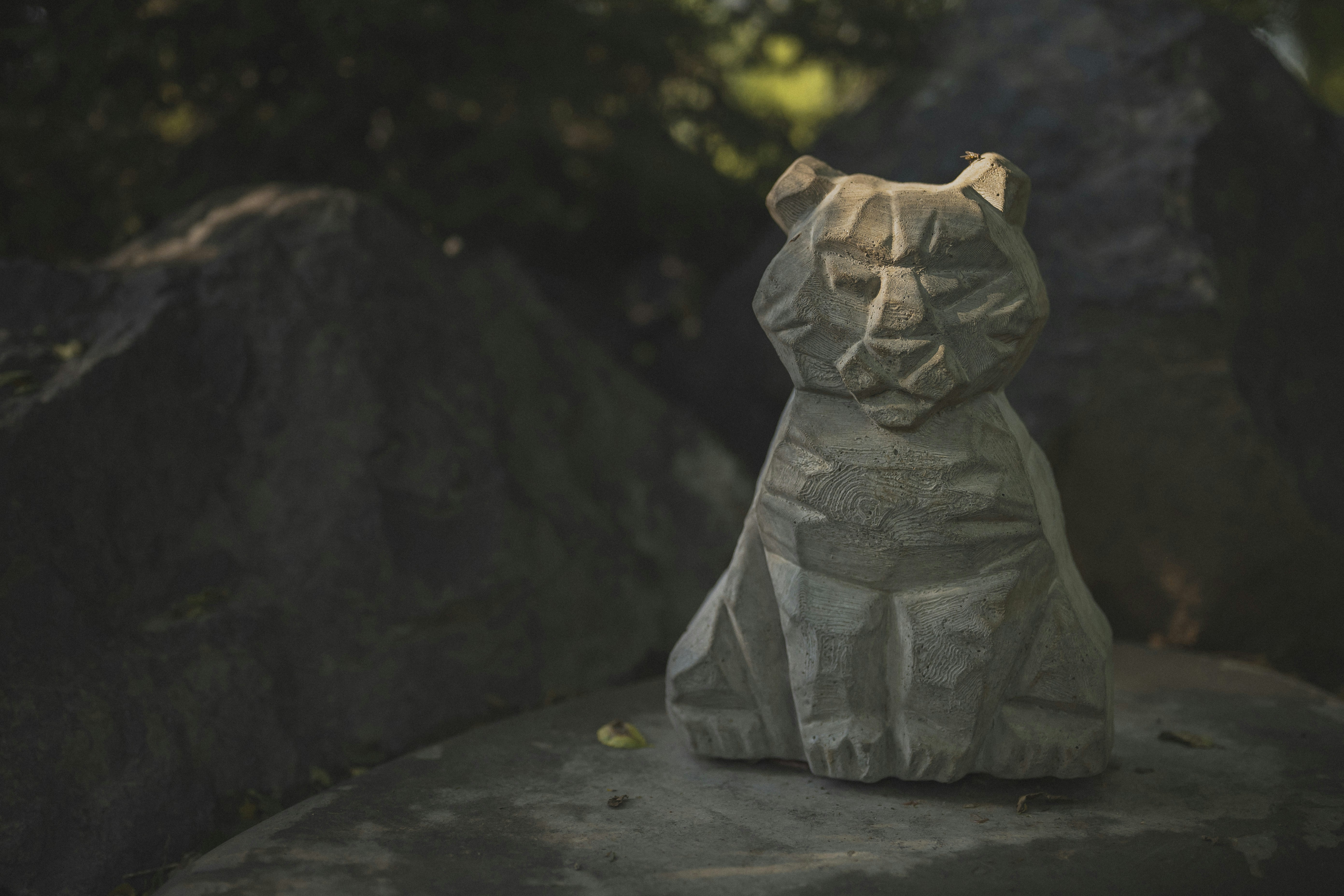 Die Steinmetzerei eines Bären sitzt auf einem Felsen.