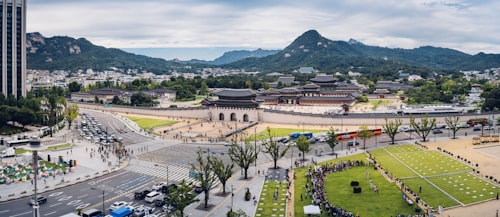 Seoul's palace rooftops against the modern skyline, South Korea