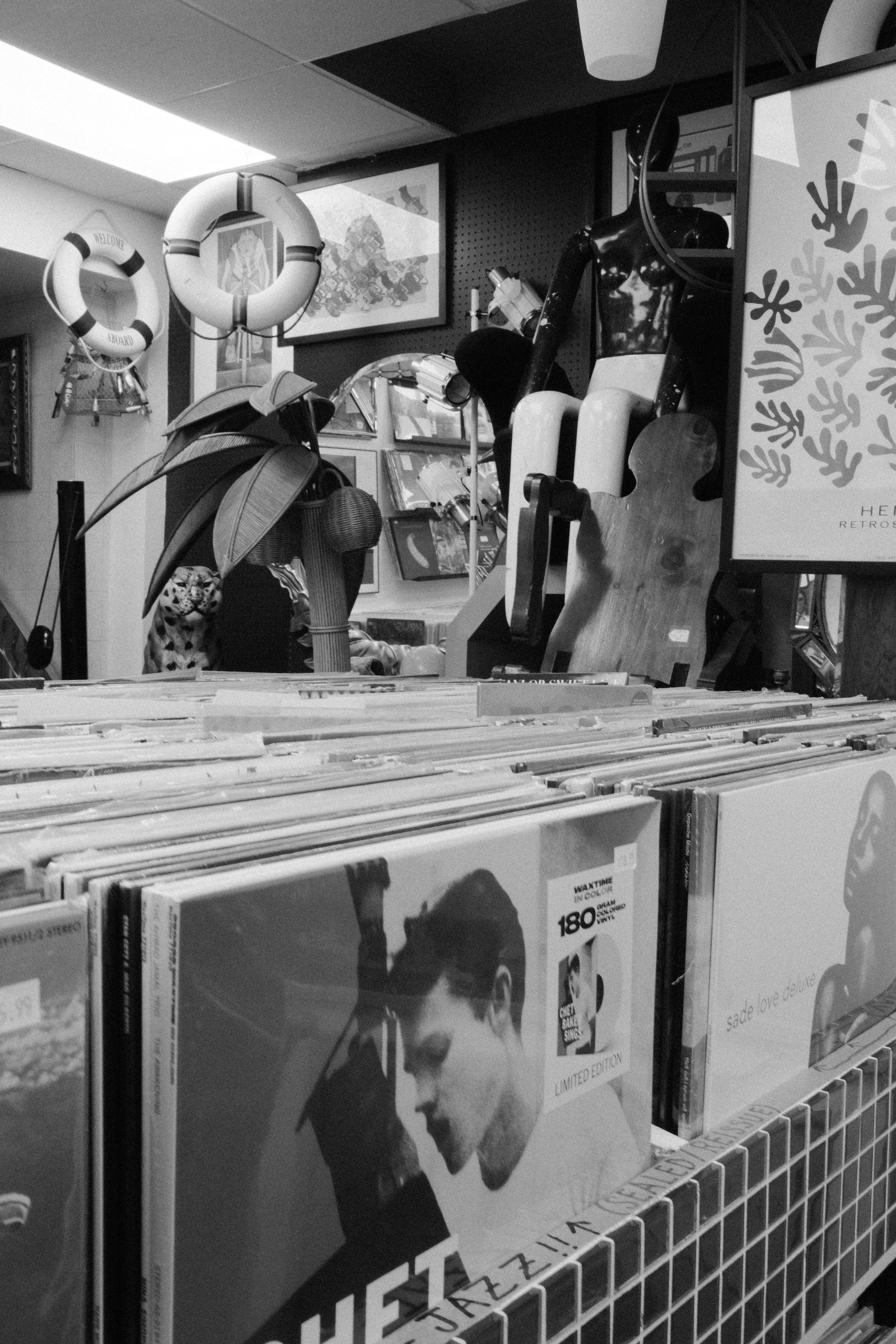 Records displayed in a shop with decorative items.
