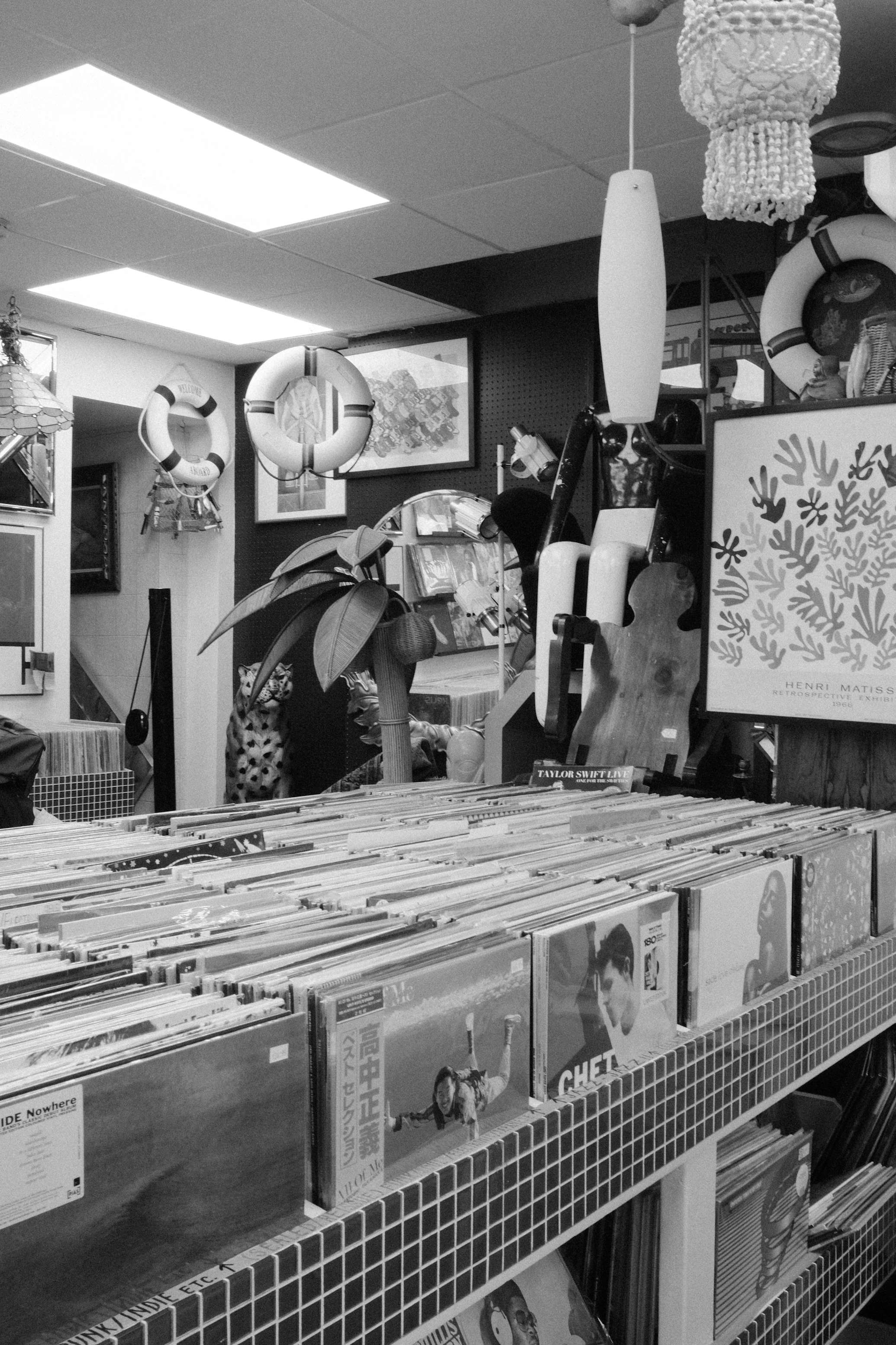 Vintage record store interior with warm ambient lighting