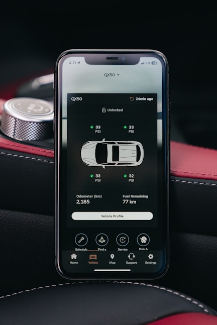 Smartphone displaying car tire pressure monitoring system