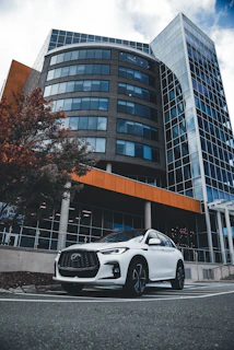 White suv parked in front of modern building