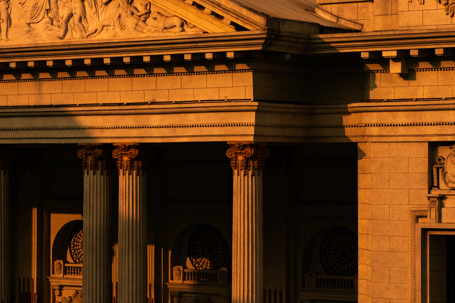 Classical columns illuminated at golden hour