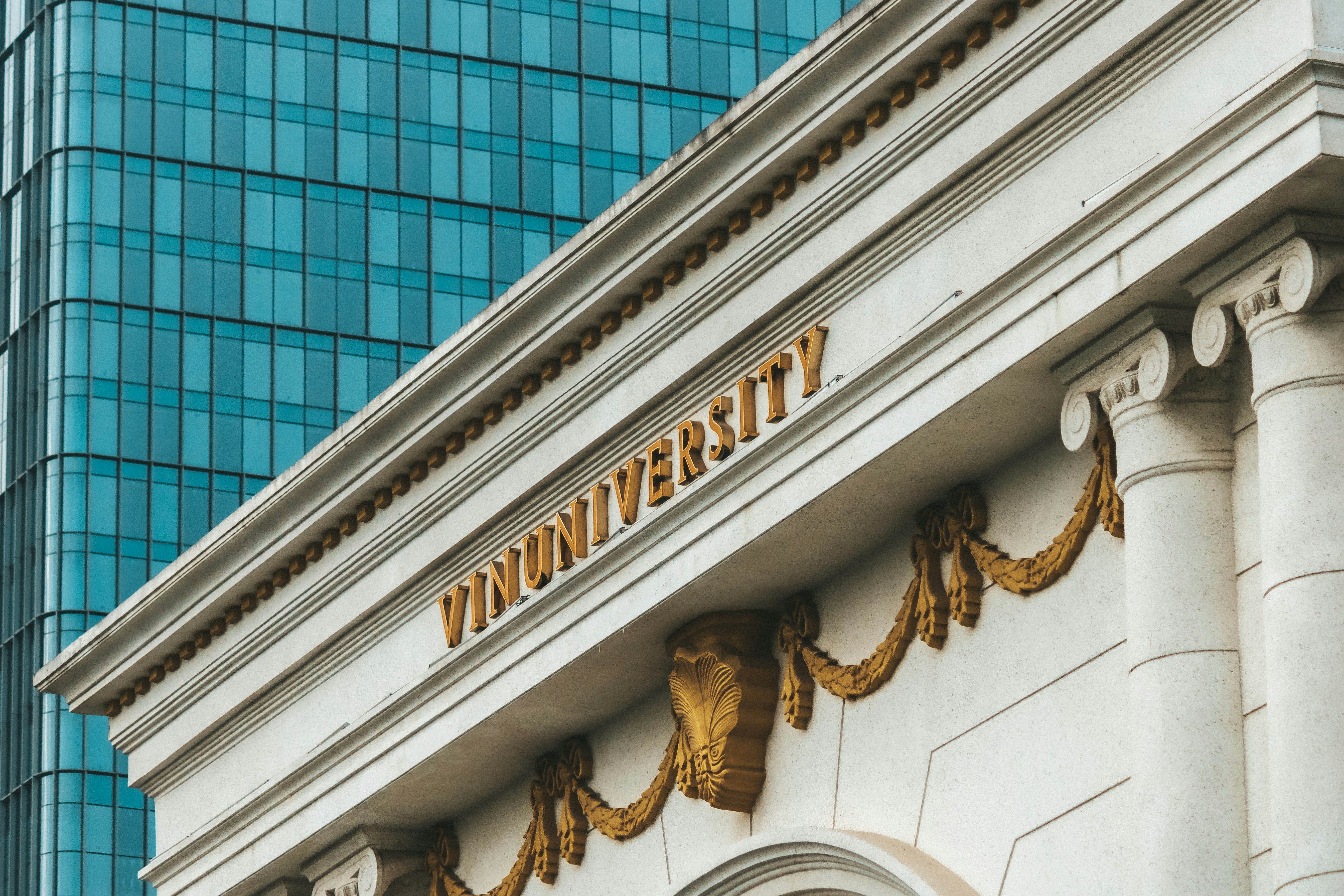 University building with modern skyscraper background