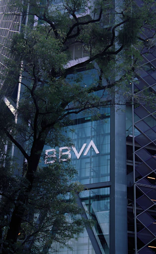 Modern skyscraper with bbva logo and tree branches.