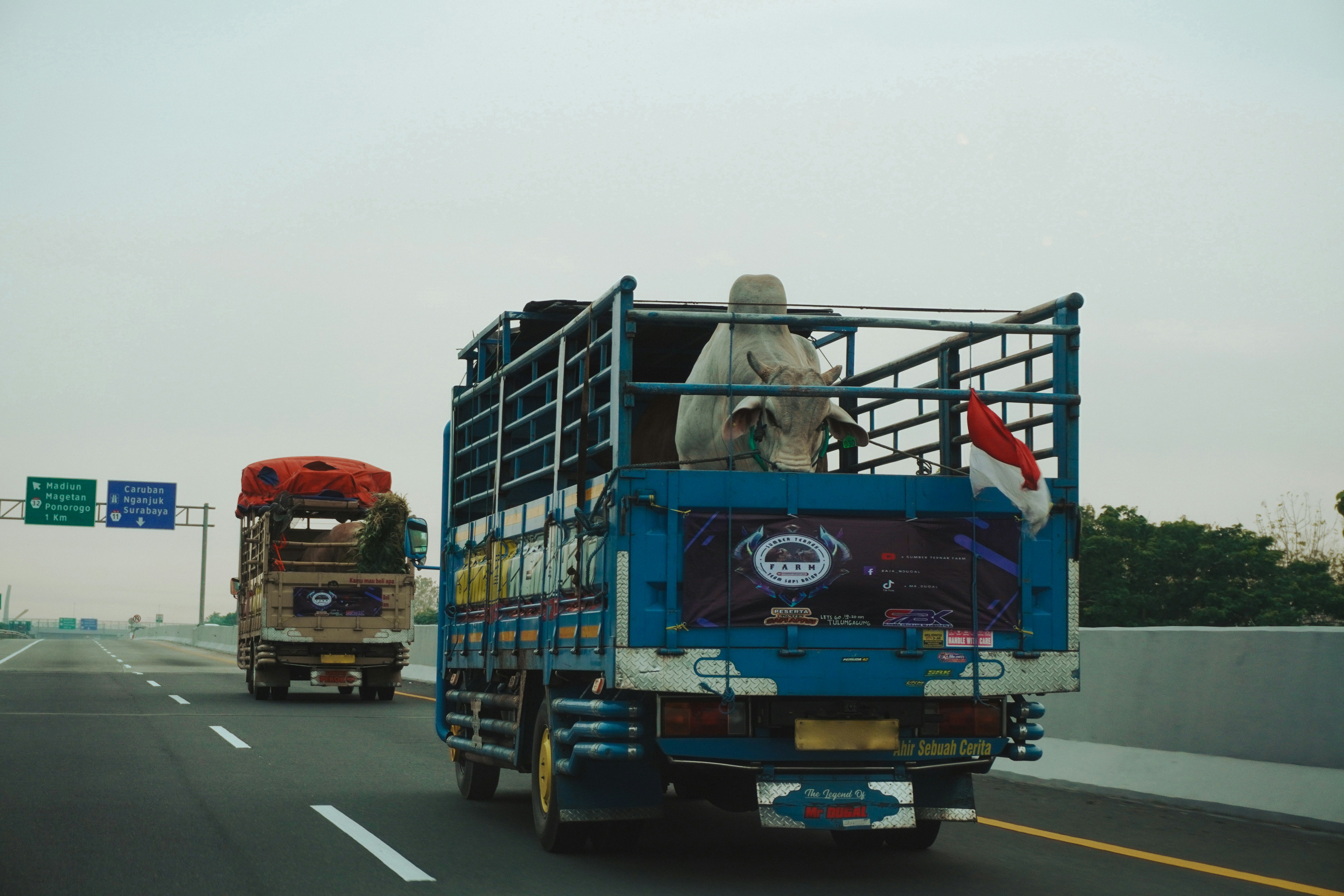 Two trucks driving on a highway under cloudy sky