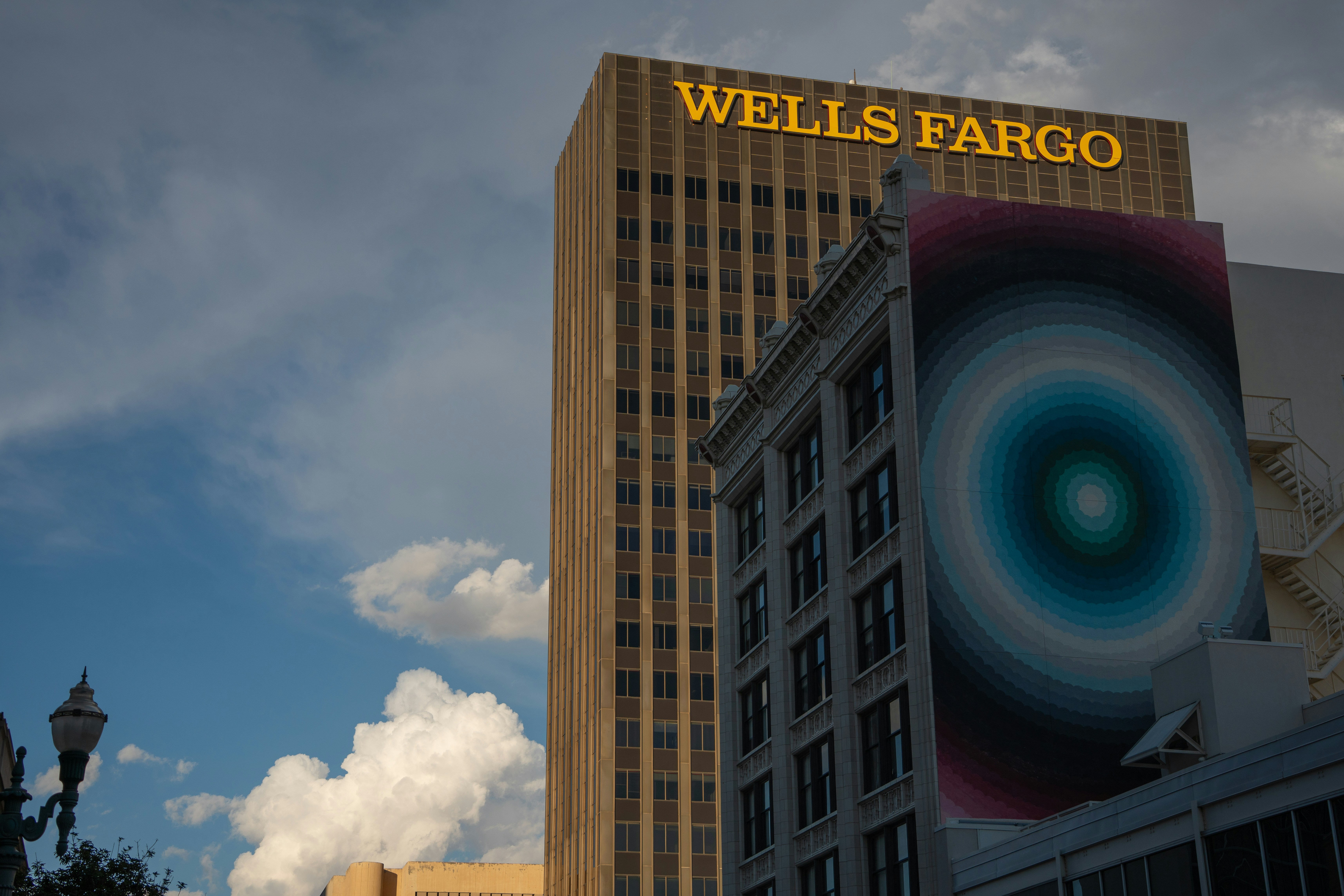 Wells fargo building with a colorful mural