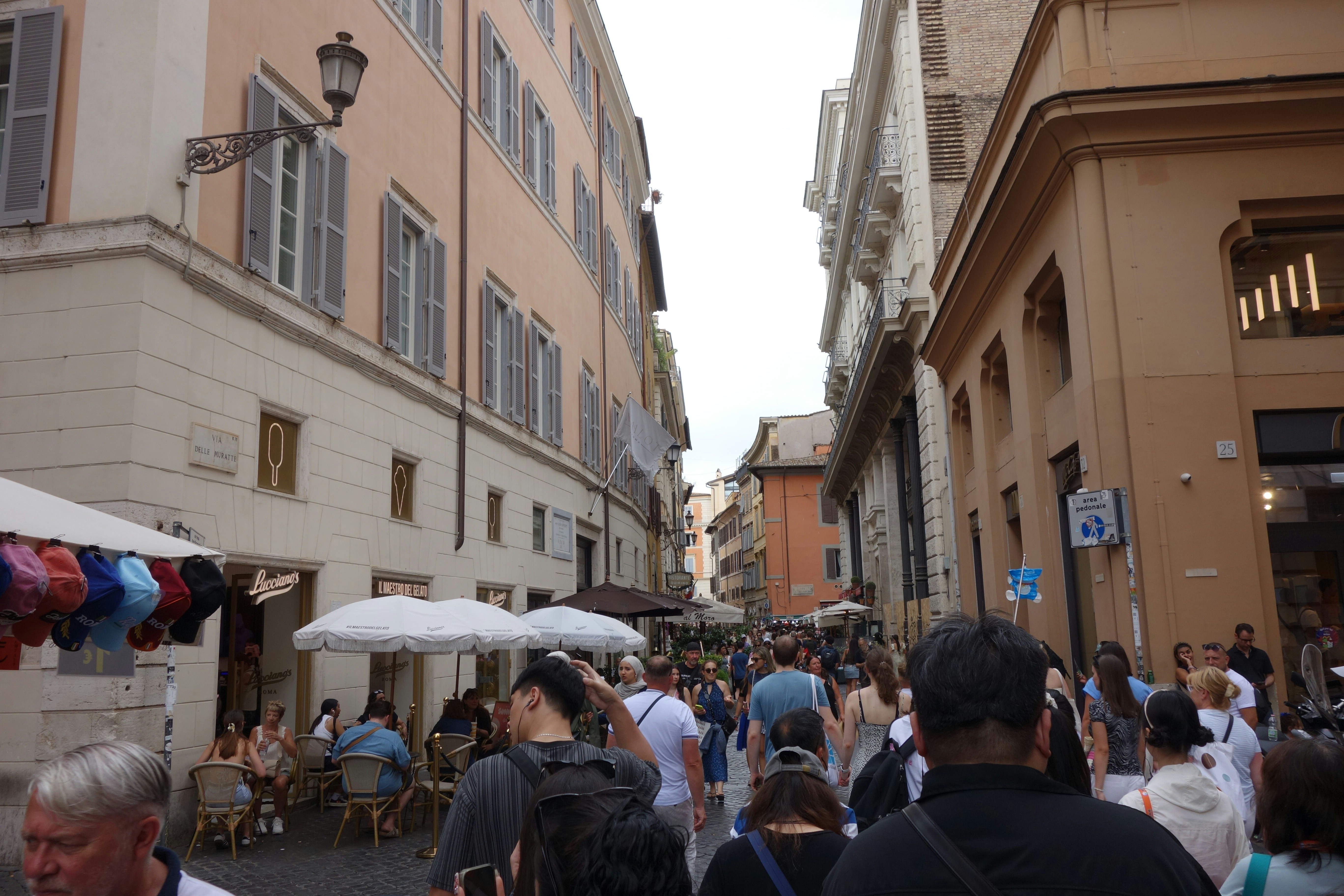 Crowded street with shops and people in rome