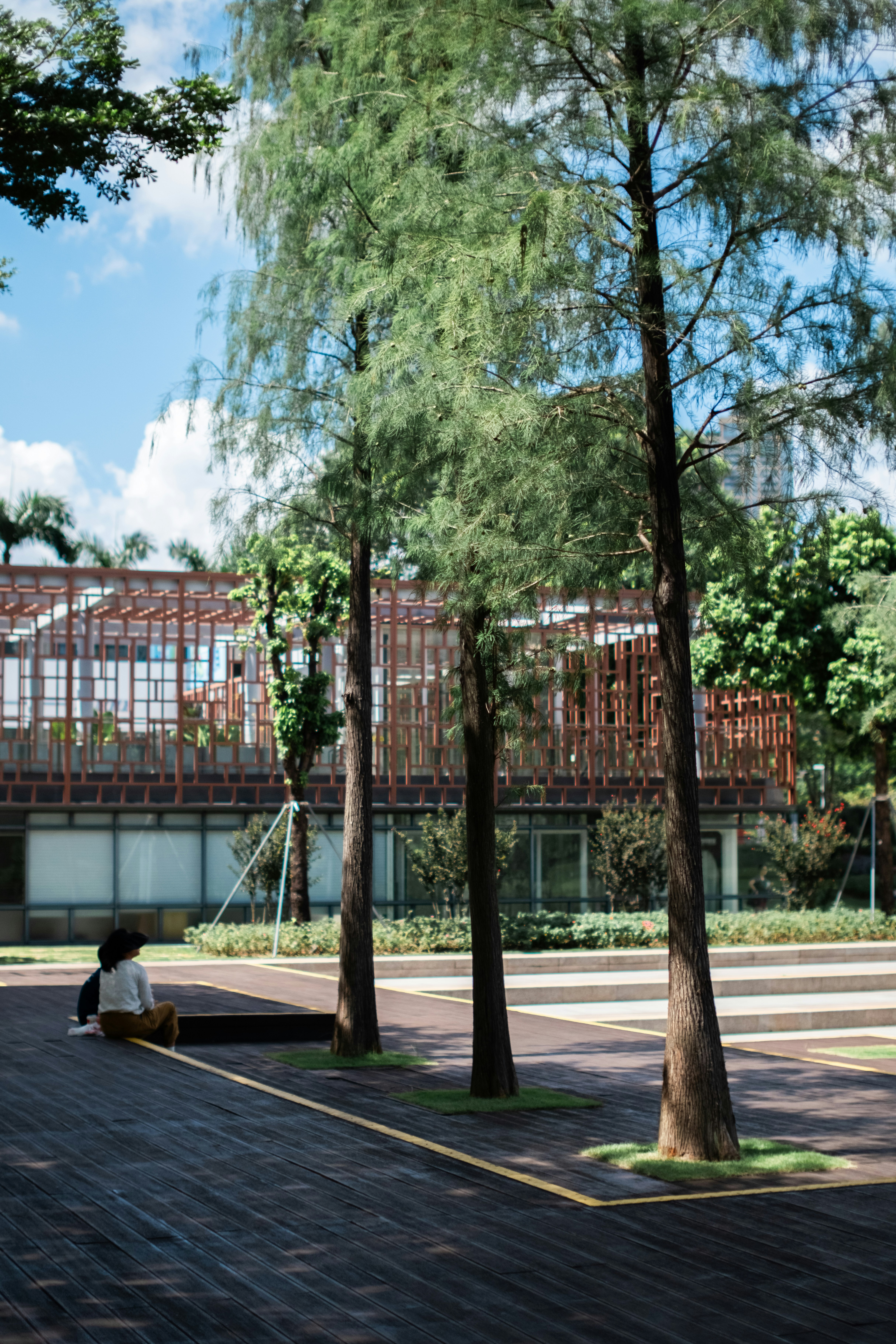 Person sitting on wooden deck near trees