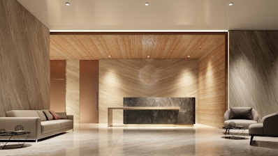 Modern lobby with reception desk and seating area