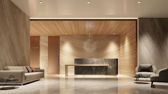 Modern lobby with reception desk and seating area