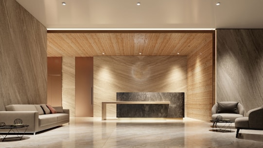 Modern lobby with reception desk and seating area