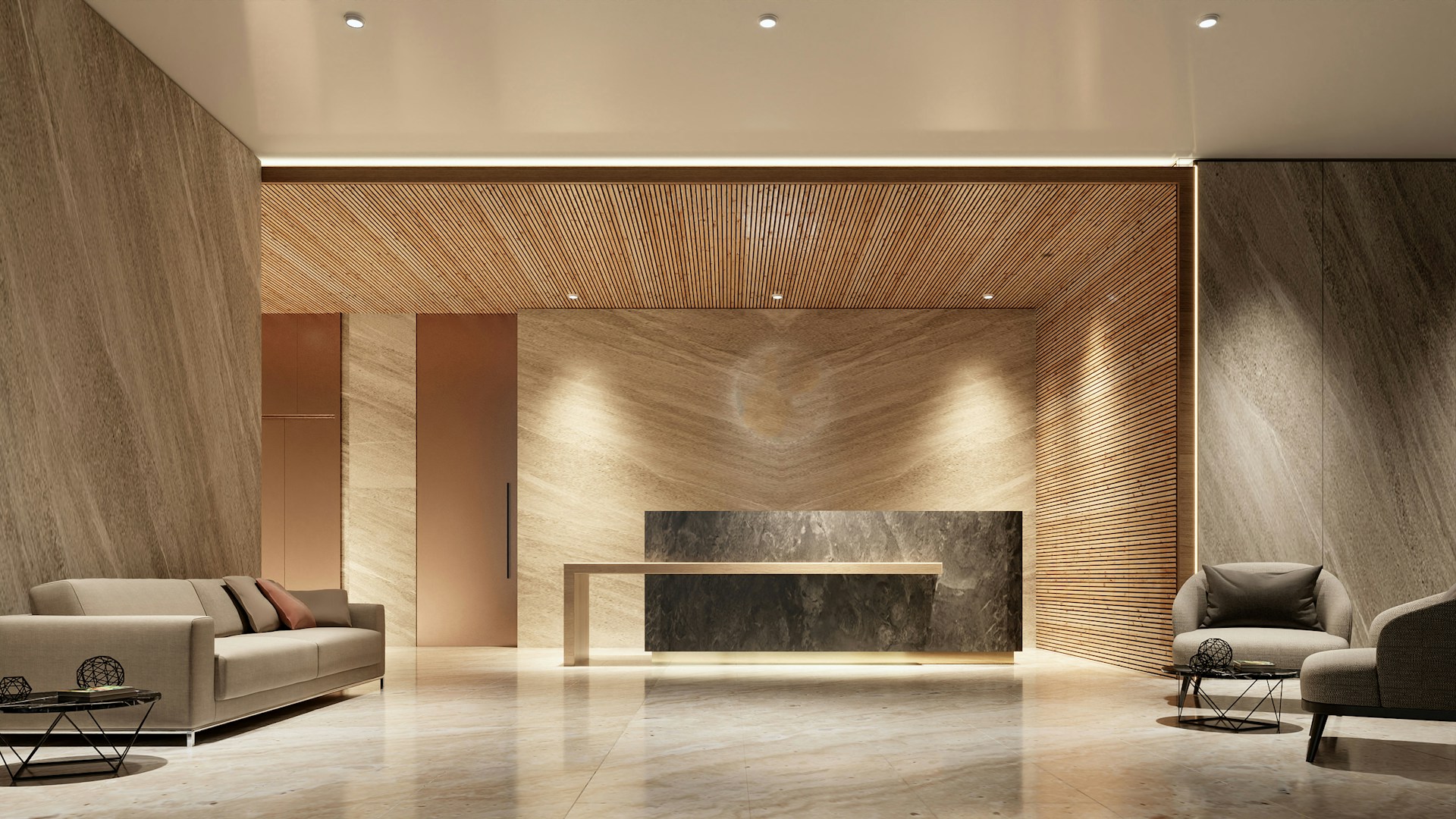 Modern lobby with reception desk and seating area