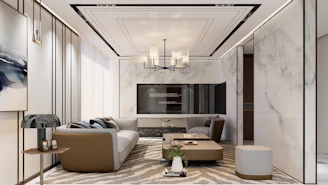 Modern living room with marble accents and stylish furniture.