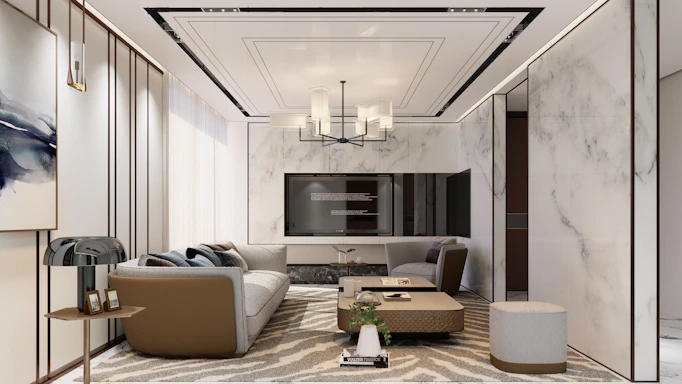 Modern living room with marble accents and stylish furniture.
