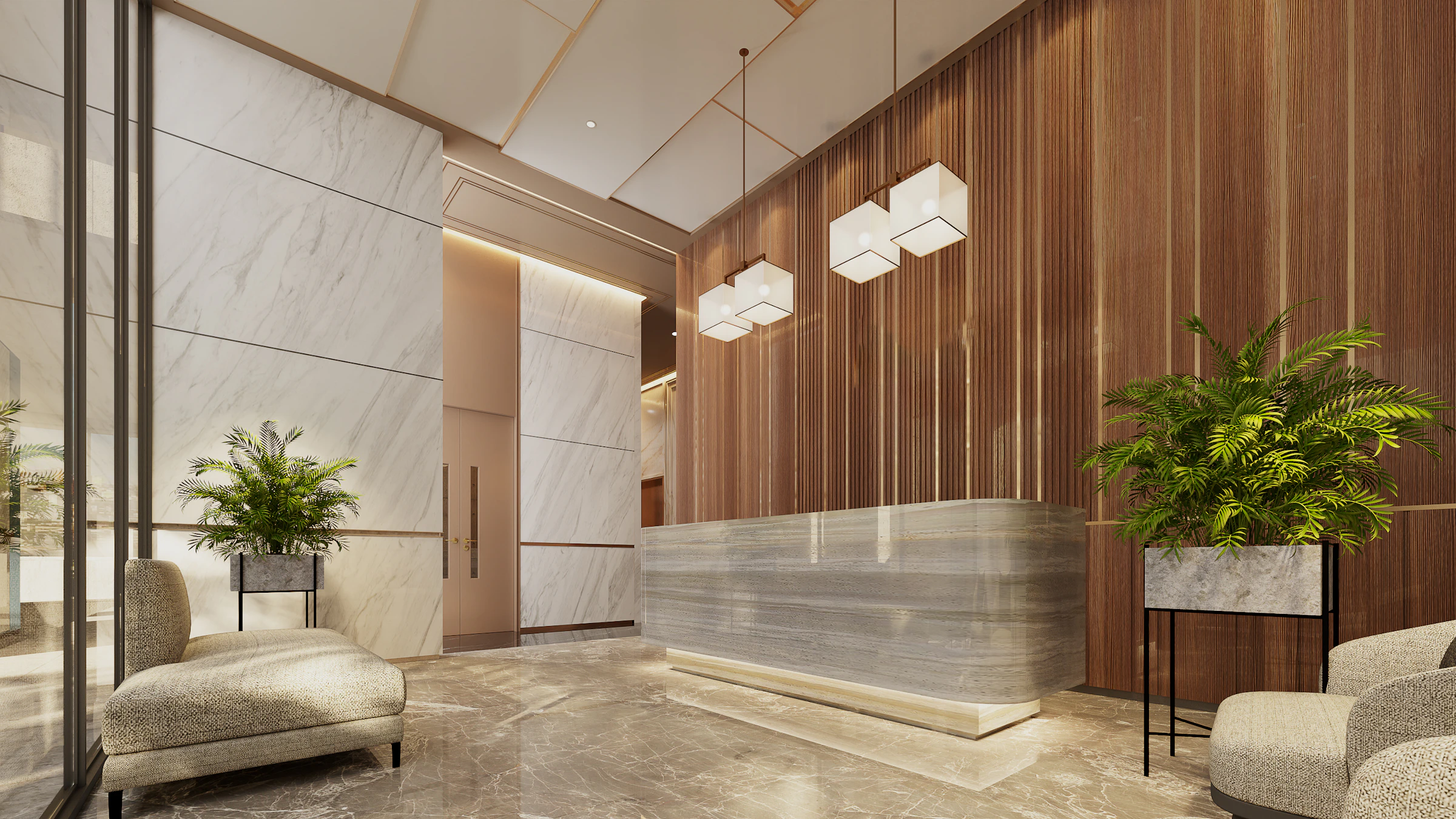 Warm modern reception interior with marble and timber finishes