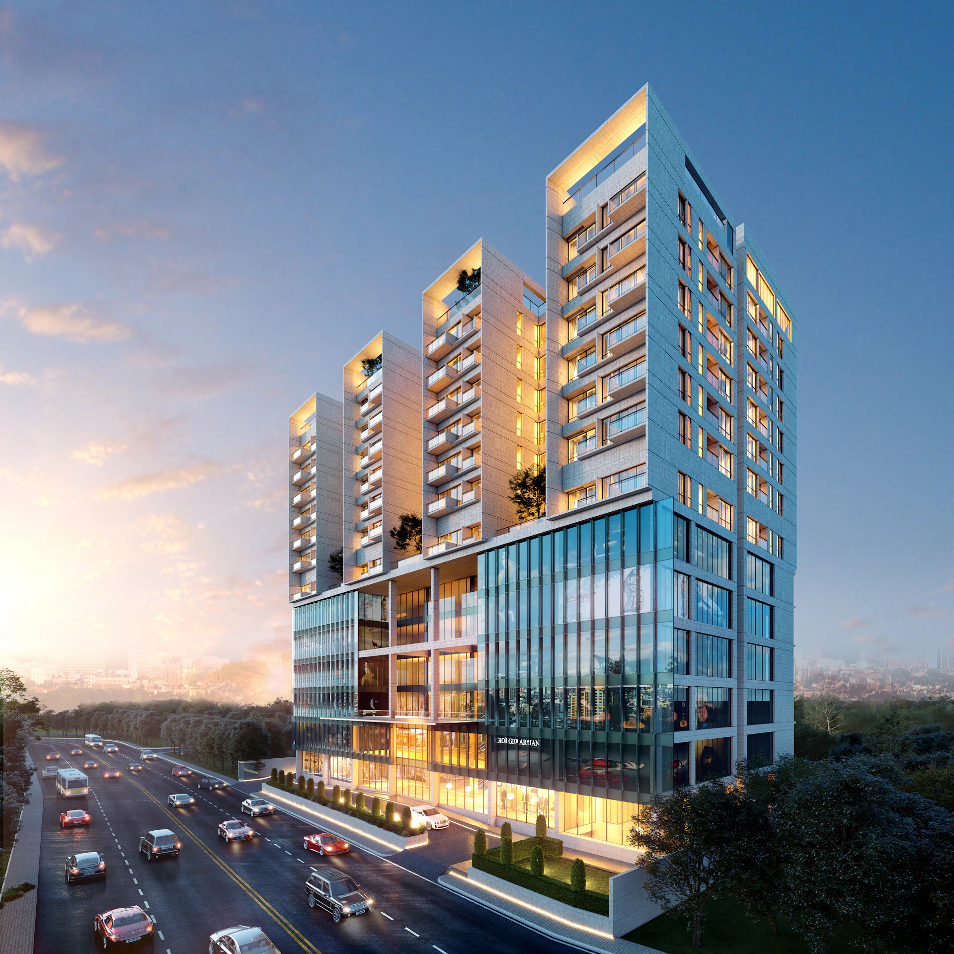 Modern apartment building beside a busy highway