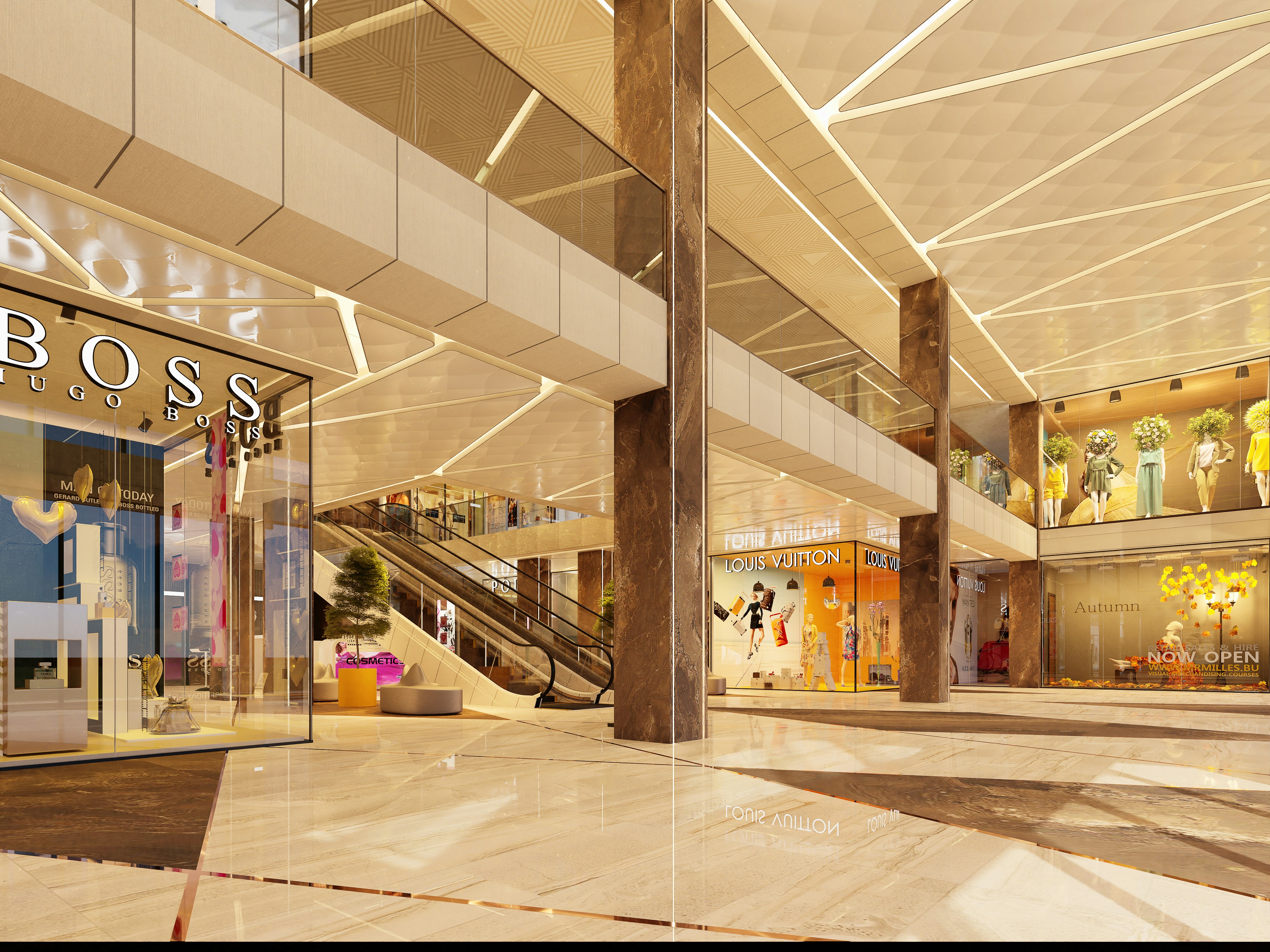 Luxury shopping mall interior with high-end fashion stores