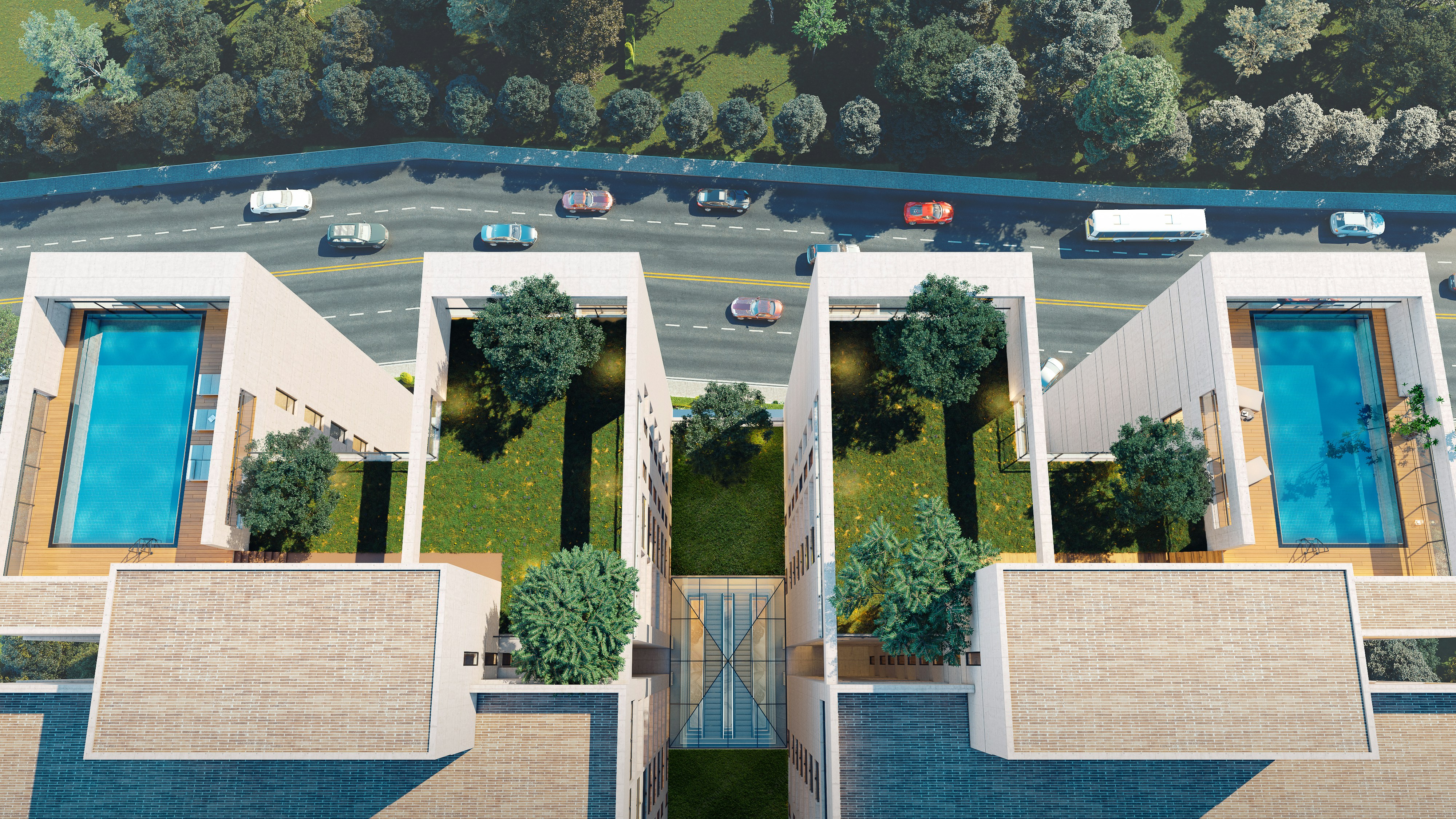 Modern buildings with pools and green spaces