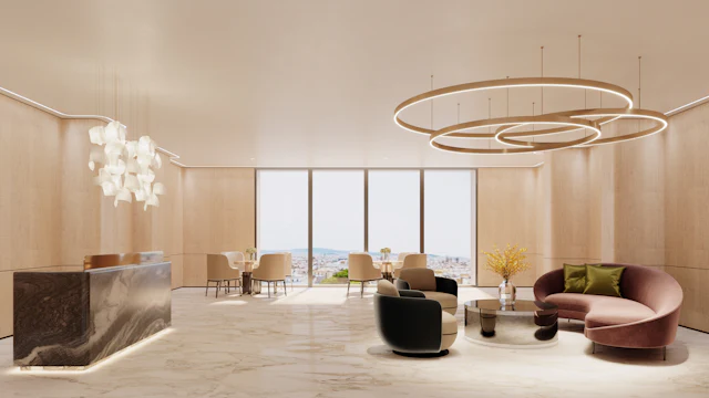 Ring Pendant Waiting Lounge — commercial reception interior design