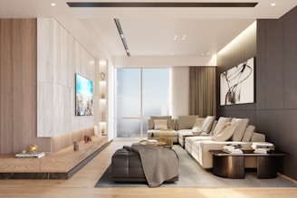Modern living room with sectional sofa and large window.