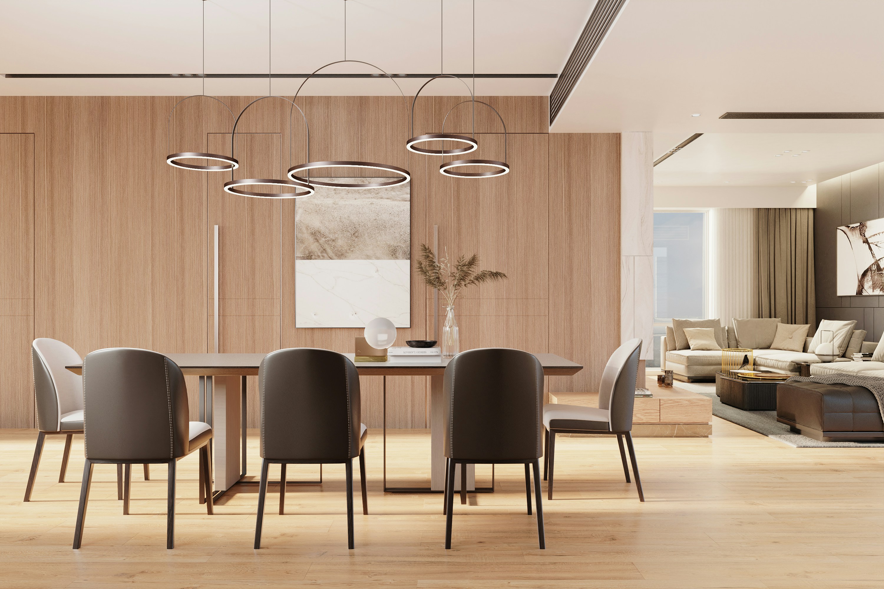 Sala De Jantar Moderna Com Paredes De Madeira E Mobiliario Contemporaneo u7apeDIhIaI