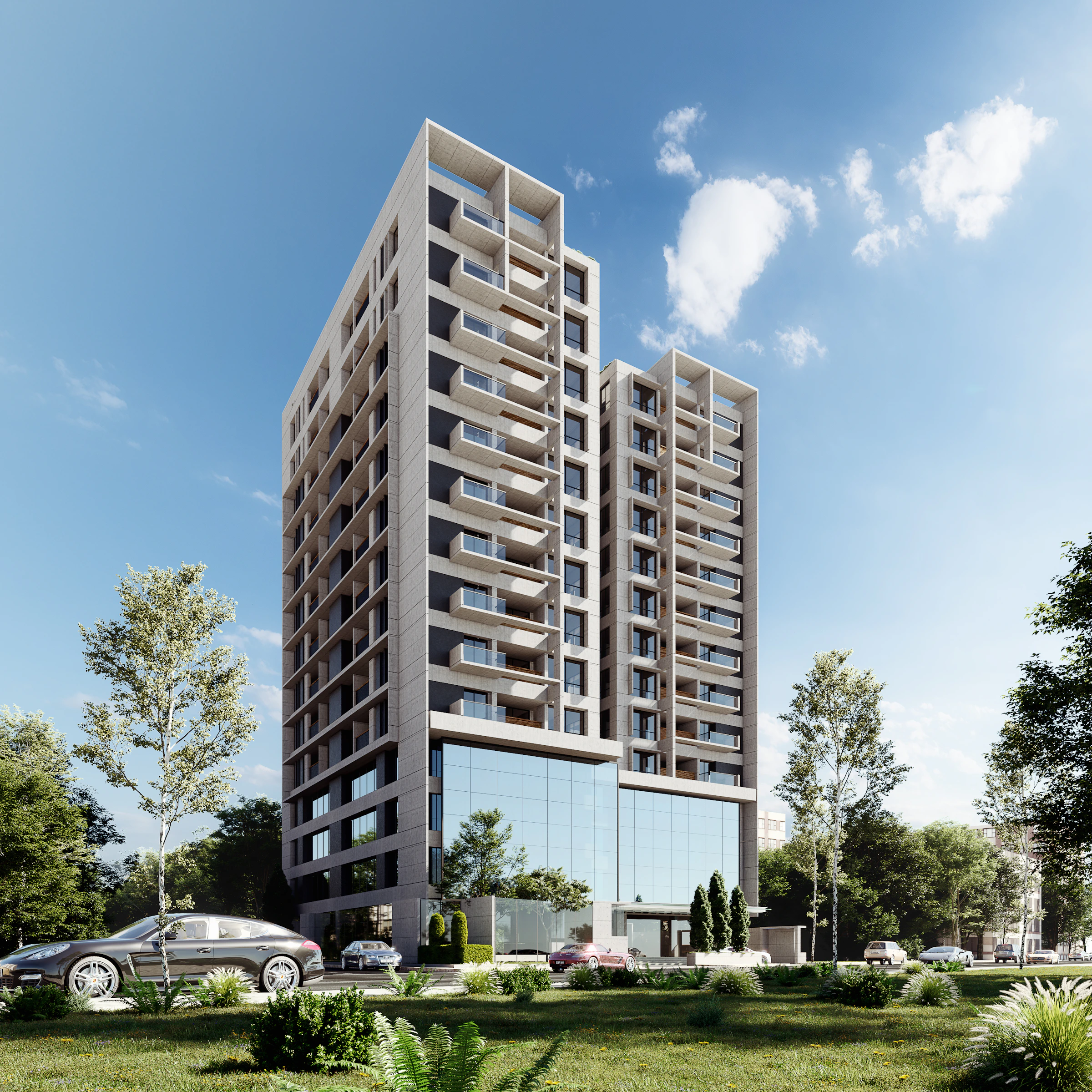 High-rise apartment towers under the Hyderabad skyline