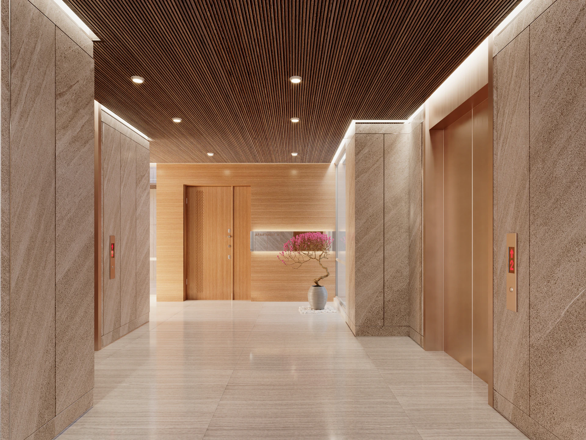 Modern hotel lobby with elevators and wood accents.