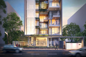 Modern apartment building with balconies and greenery