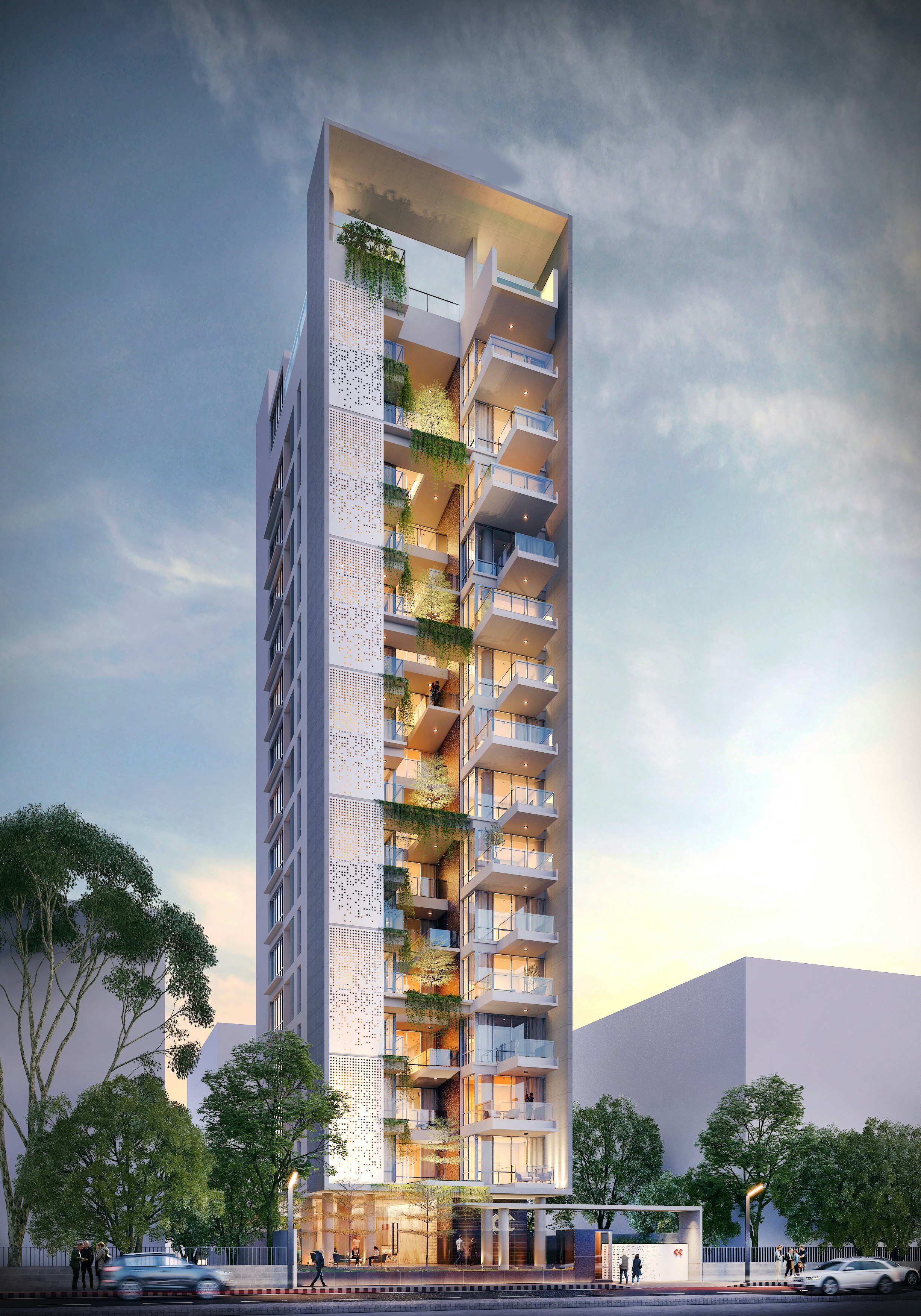 Modern high-rise building with balconies and greenery