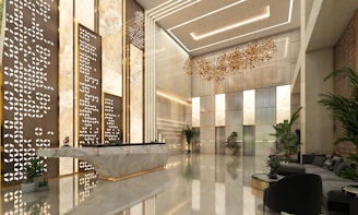 Modern lobby with marble reception desk and elevators