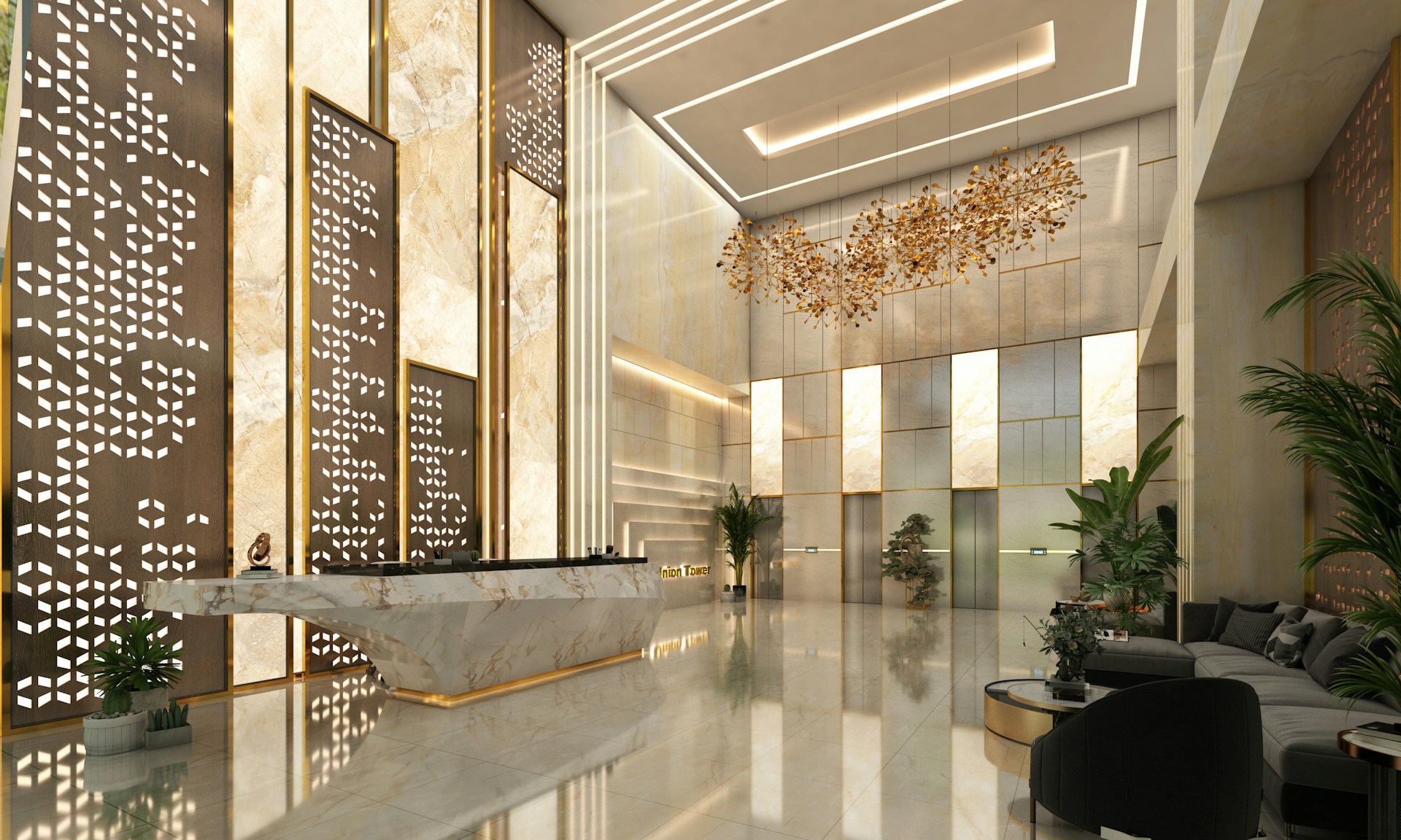 Modern lobby with marble reception desk and elevators