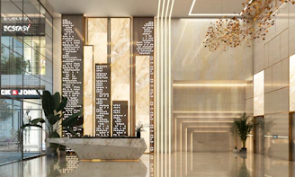 Modern lobby with marble accents and decorative lighting