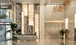 Modern lobby with marble accents and decorative lighting