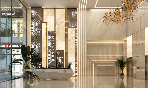 Modern lobby with marble accents and decorative lighting